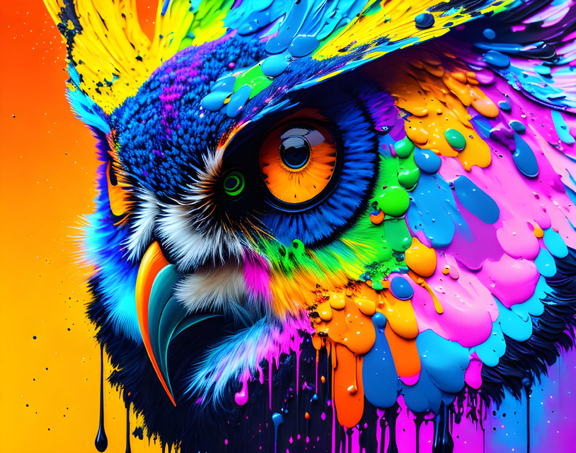 Colorful Owl Close-Up Artwork with Dripping Paint Effect