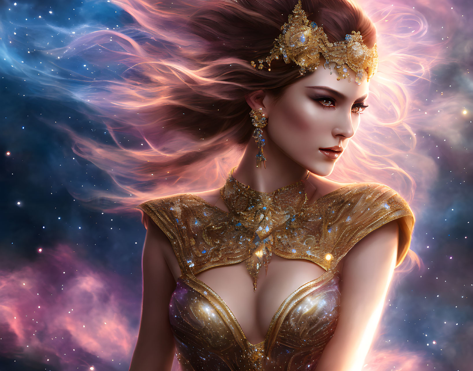 Illustrated woman adorned with golden jewelry in cosmic setting