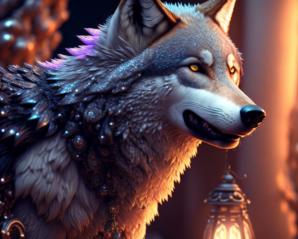 Majestic wolf with intricate armor and lantern in digital art