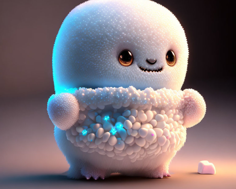 Fluffy animated creature with magical orbs and shy smile