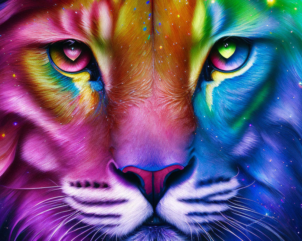 Colorful Lion Portrait with Psychedelic Hues and Starry Background