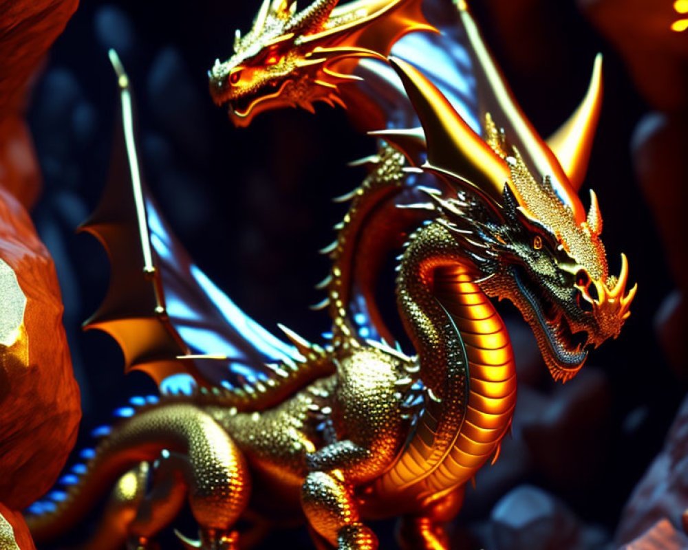 Golden two-headed dragon with glowing eyes and horns on fiery rock backdrop