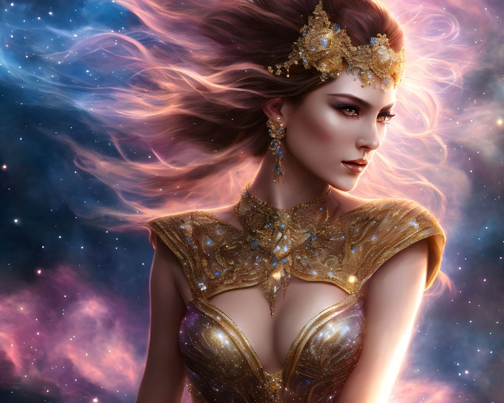 Illustrated woman adorned with golden jewelry in cosmic setting