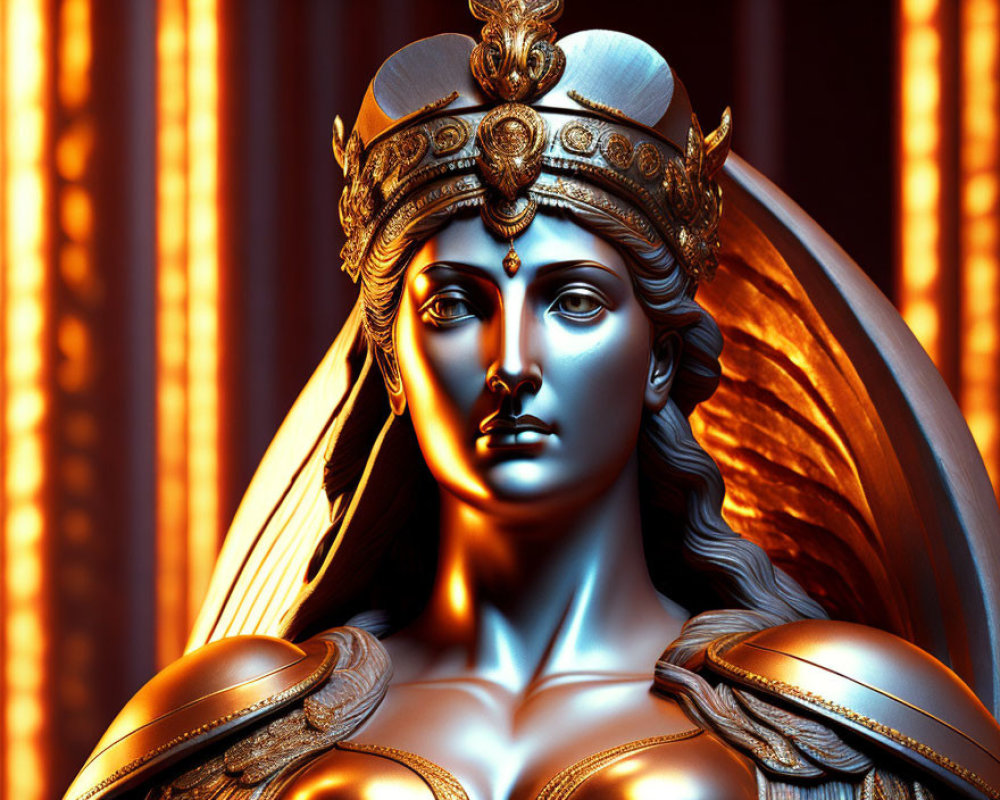 Regal metallic female figure with ornate crown and glowing backdrop