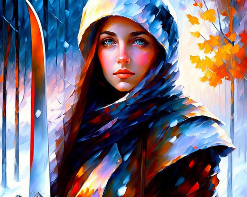 Illustration of woman with blue eyes in cloak with sword in forest