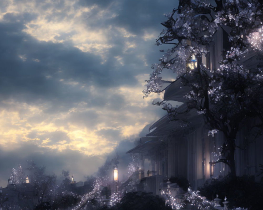 Twilight scene with glowing lights, blooming trees, classic architecture, and cloudy sky