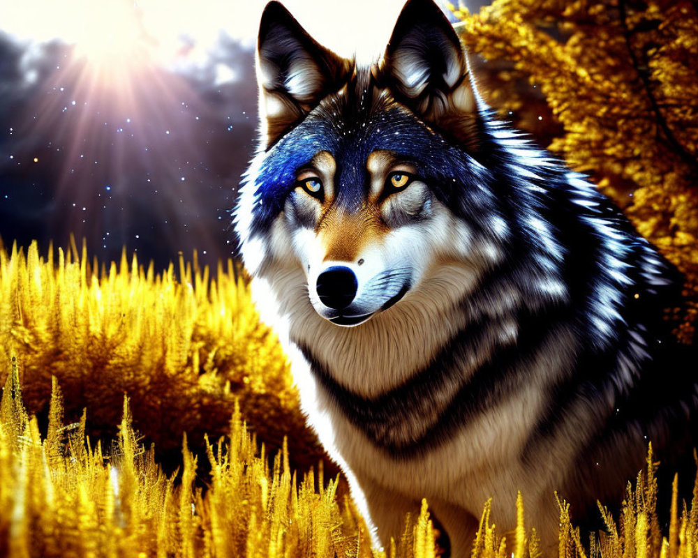 Majestic wolf with blue eyes in golden field with yellow trees