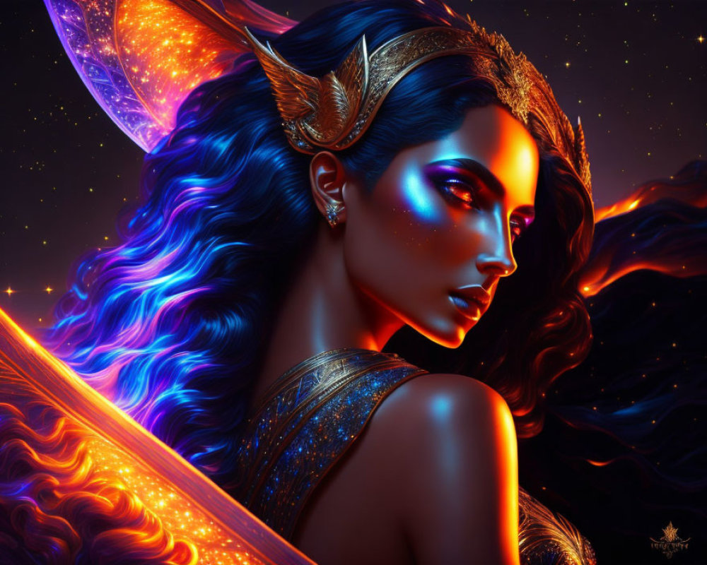 Fantasy portrait of woman with blue skin, colorful hair, butterfly wings, gold adornments, against