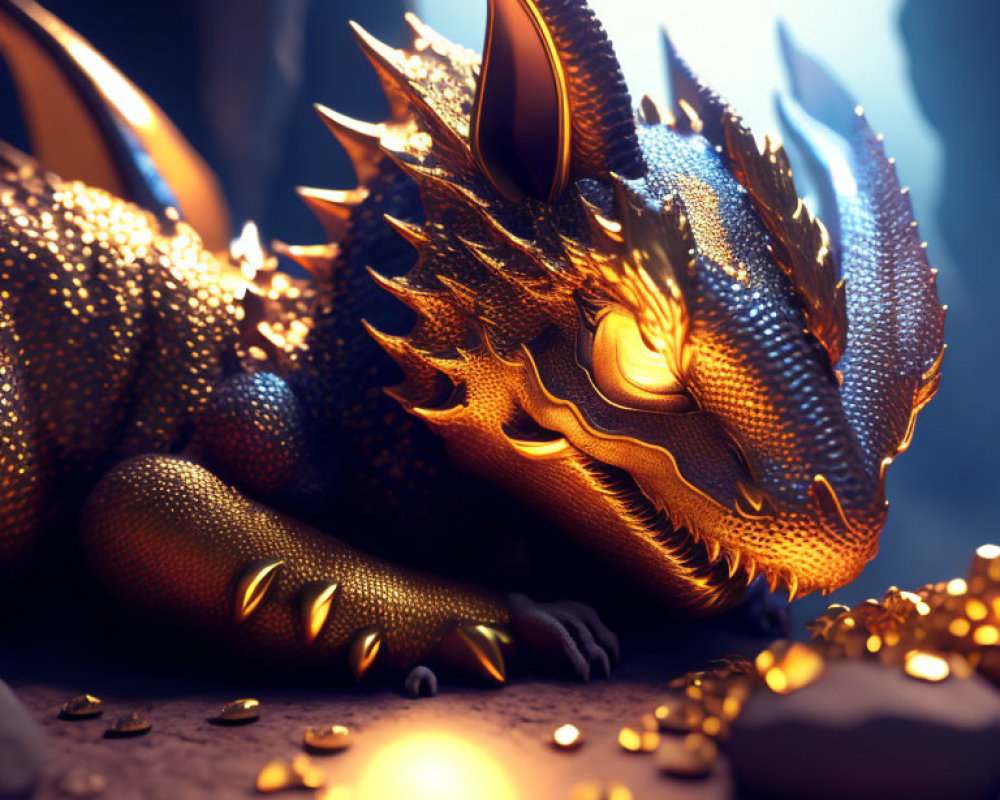 Golden dragon surrounded by treasure in dimly lit cavern