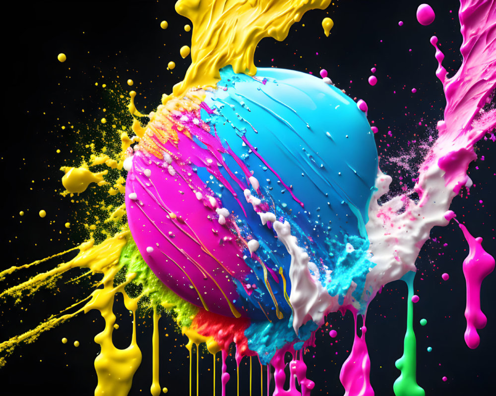 Colorful Paint Splatter on Spherical Surface Against Black Background