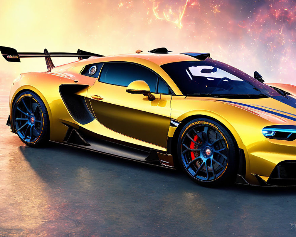 Golden-yellow Sports Car with Black Accents and Blue-Rimmed Wheels on Nebula Background