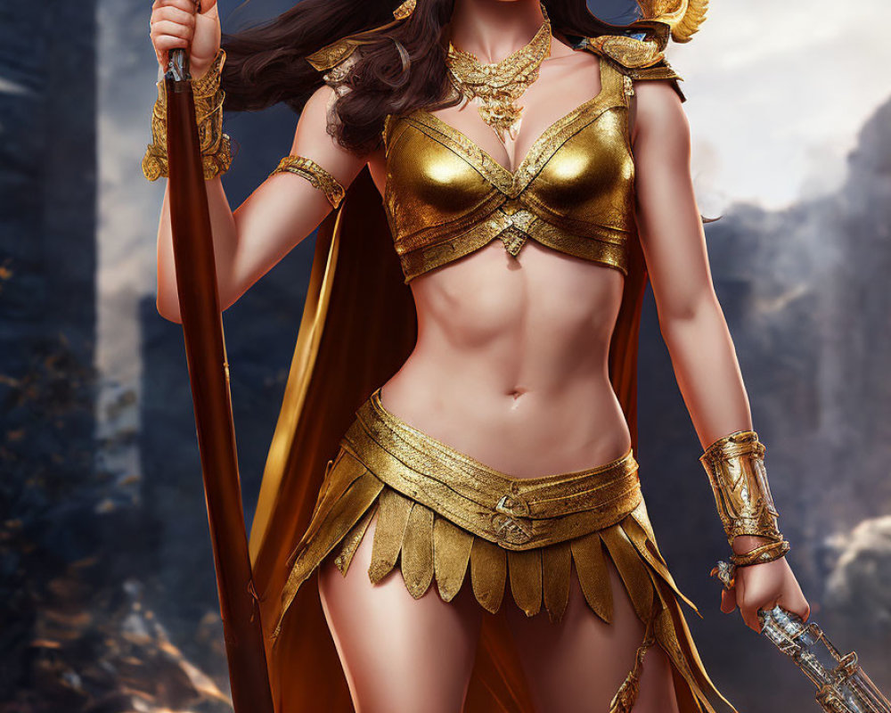 Warrior woman in gold armor bikini with sword in mountainous setting