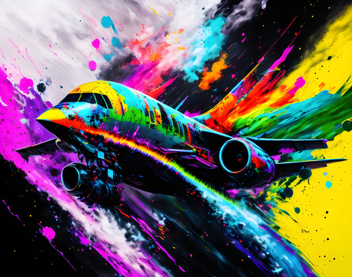 Colorful Plane Artwork with Neon Paint Splash on Cosmic Background