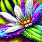Colorful Flower Artwork with Dew Drops on Dark Background