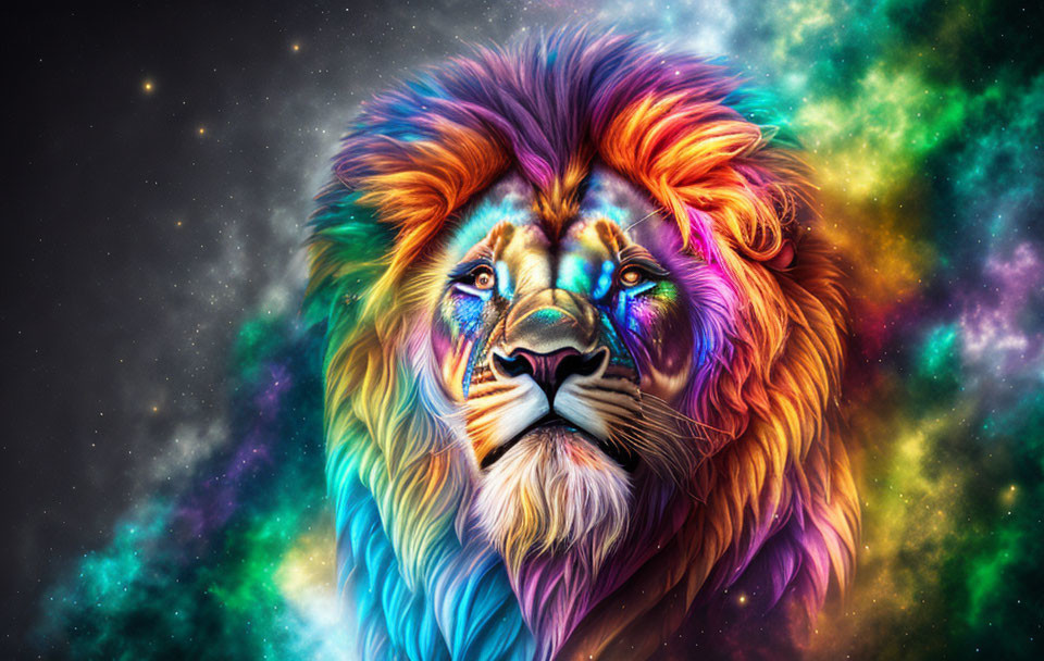 Colorful Lion Artwork Against Cosmic Background