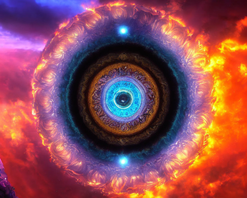Colorful Fractal Image of Eye with Fiery Orange Edges and Blue Highlights