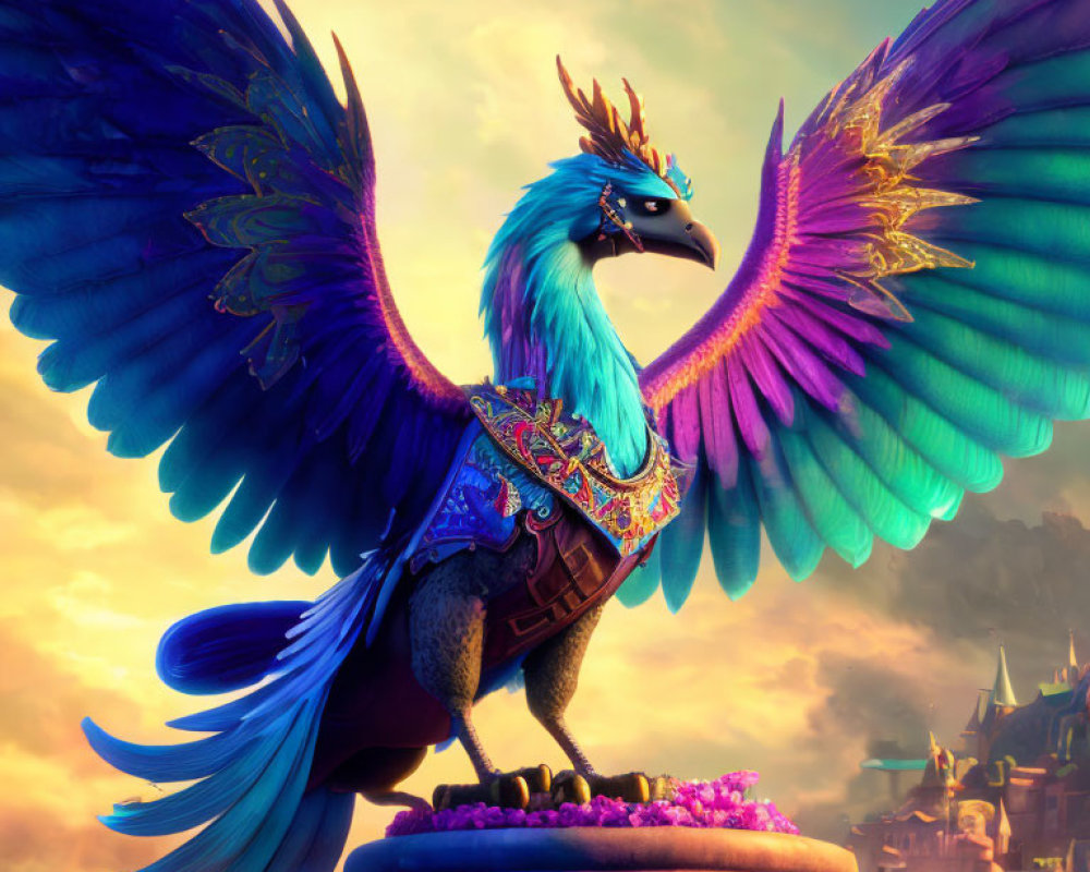 Mythical griffin creature with vibrant multicolored wings on pedestal