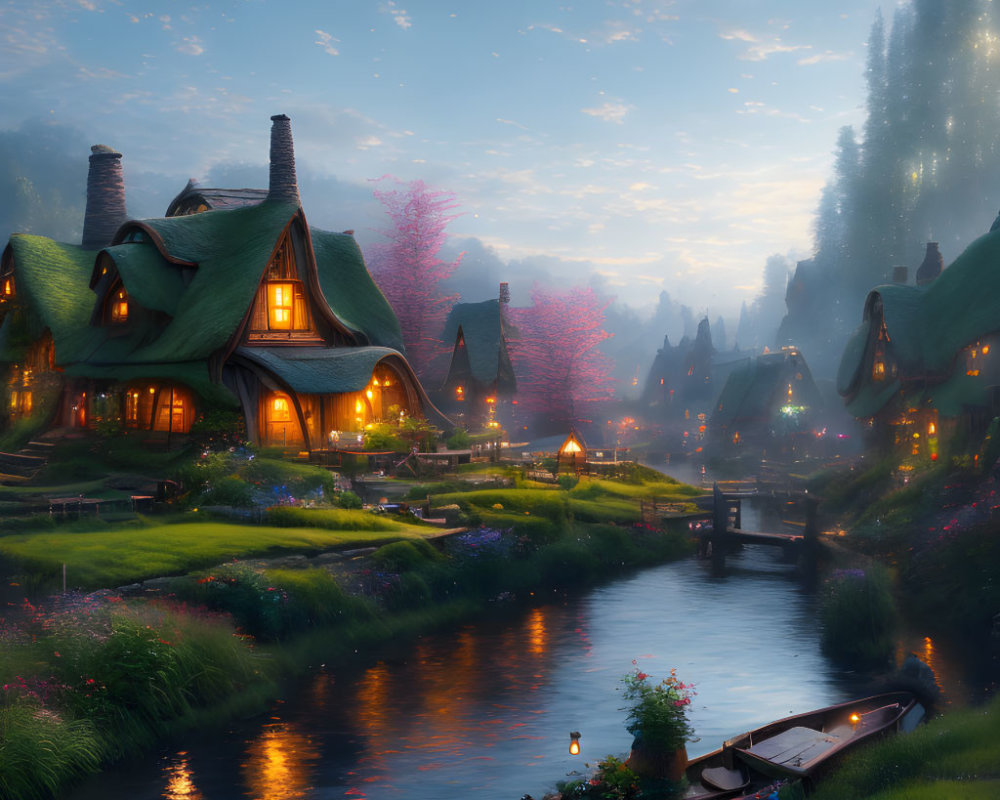Serene fantasy village at dusk with thatched cottages, river, flowers, lanterns