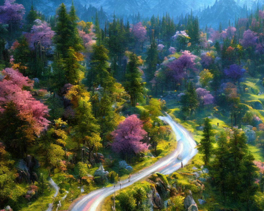 Scenic winding road through vibrant forest with pink and purple foliage