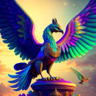 Mythical griffin creature with vibrant multicolored wings on pedestal