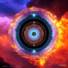 Colorful Fractal Image of Eye with Fiery Orange Edges and Blue Highlights