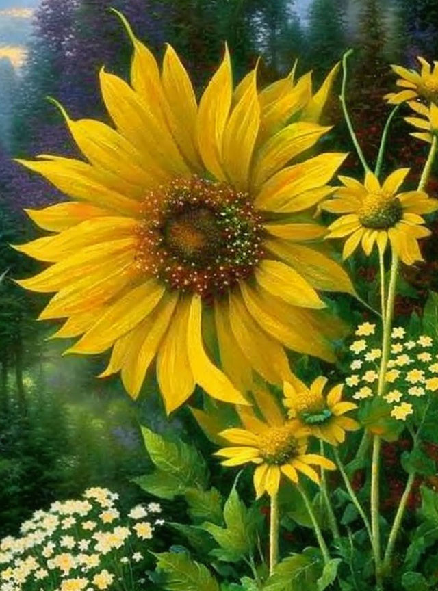 Vibrant sunflower with large yellow petals and dark center among green foliage and white flowers