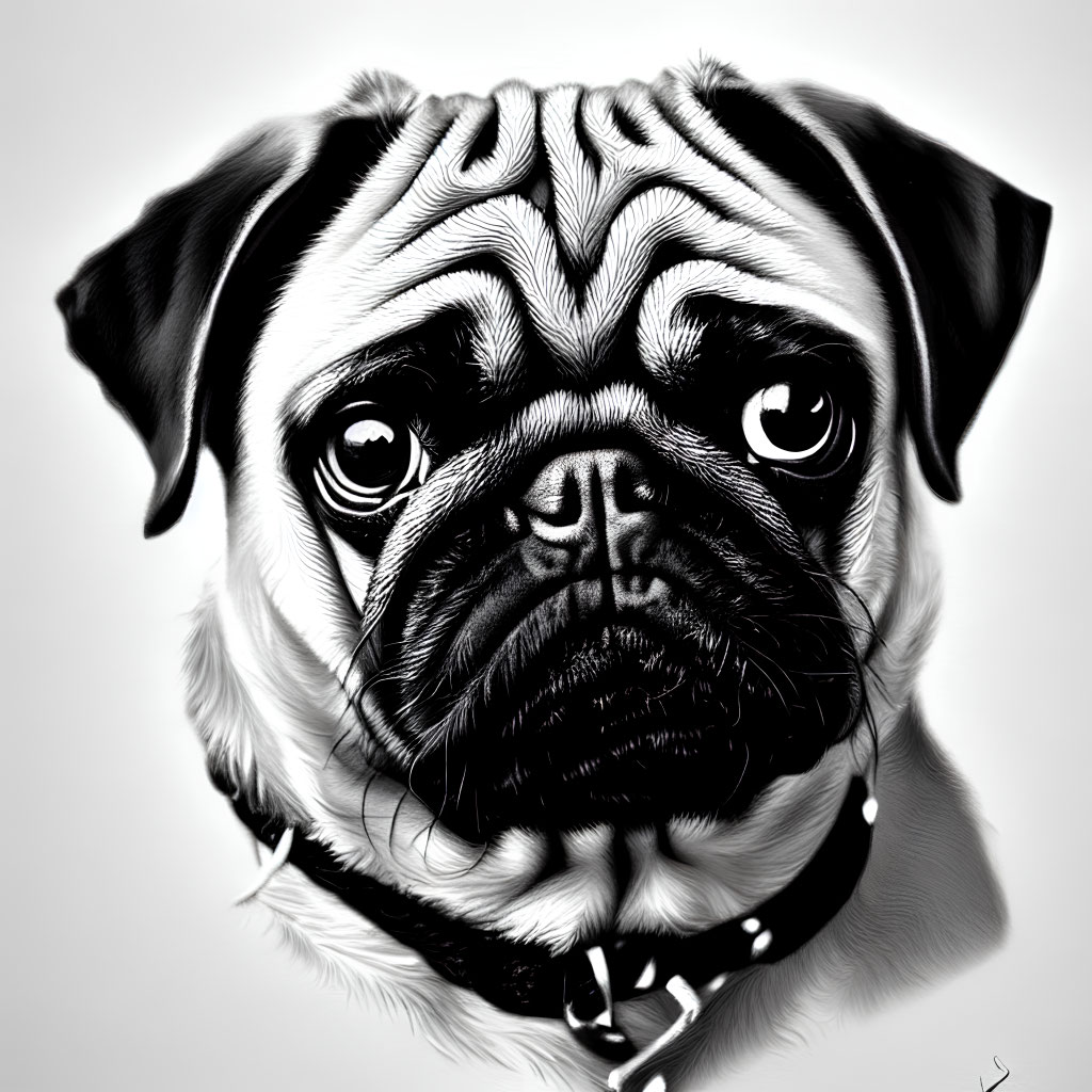 Monochrome digital art of wrinkled-faced pug with studded collar