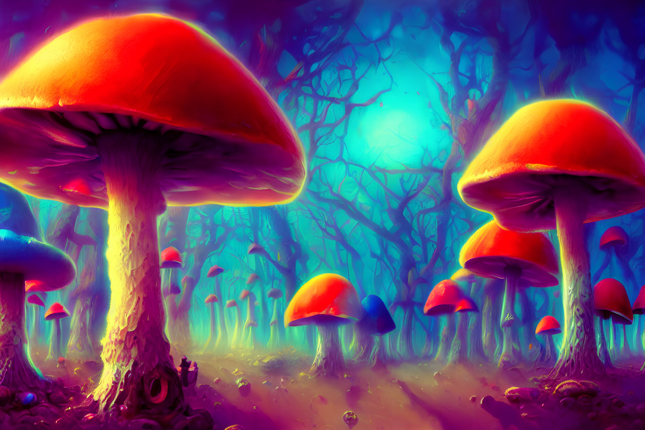 Fantastical Mushroom Forest Under Glowing Sky