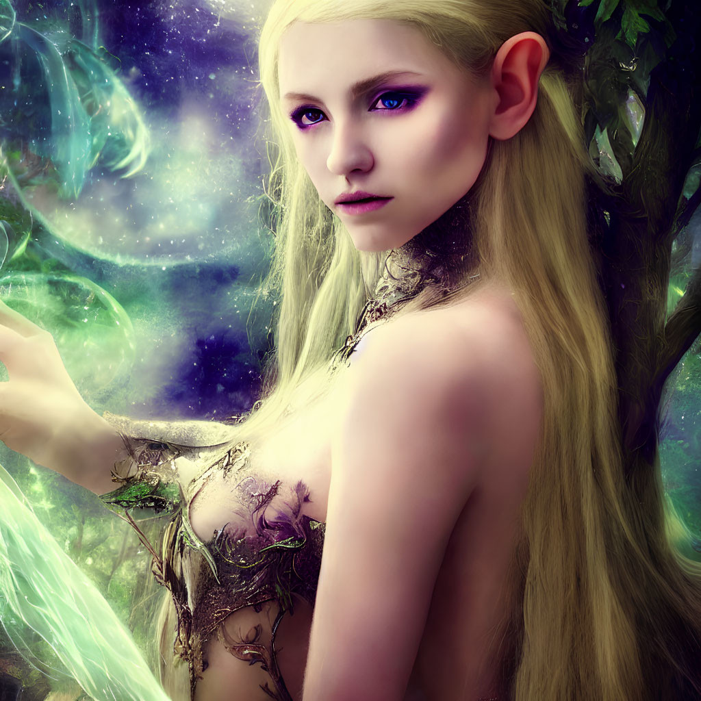 Mystical forest scene with ethereal figure and purple eyes