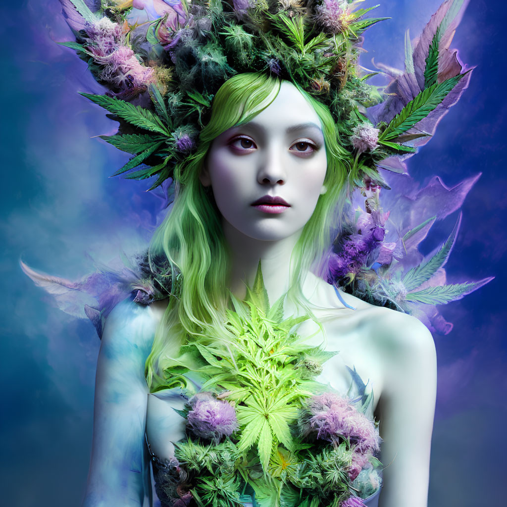 Fantasy Portrait of Person with Green Hair and Cannabis Leaves on Blue and Purple Background