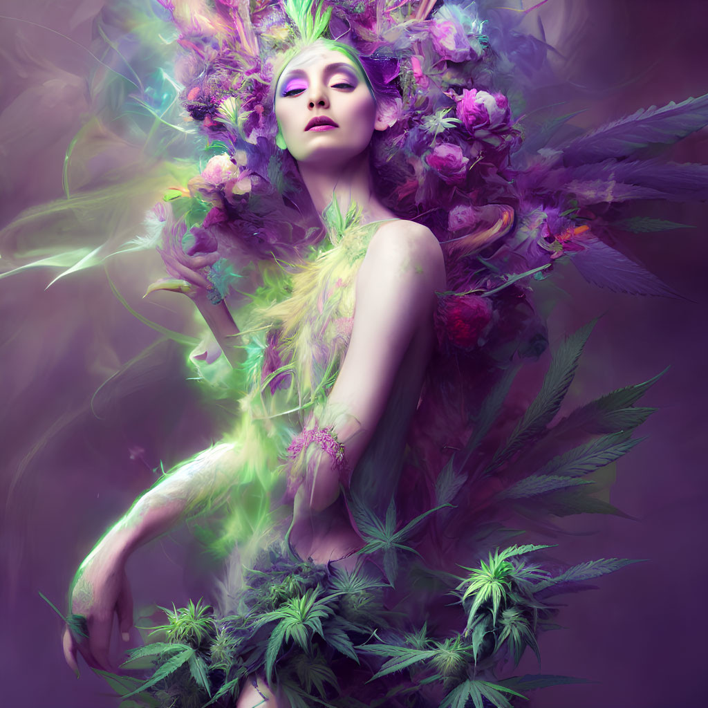 Surreal portrait of woman with purple hues and vibrant flowers, ethereal green lights.