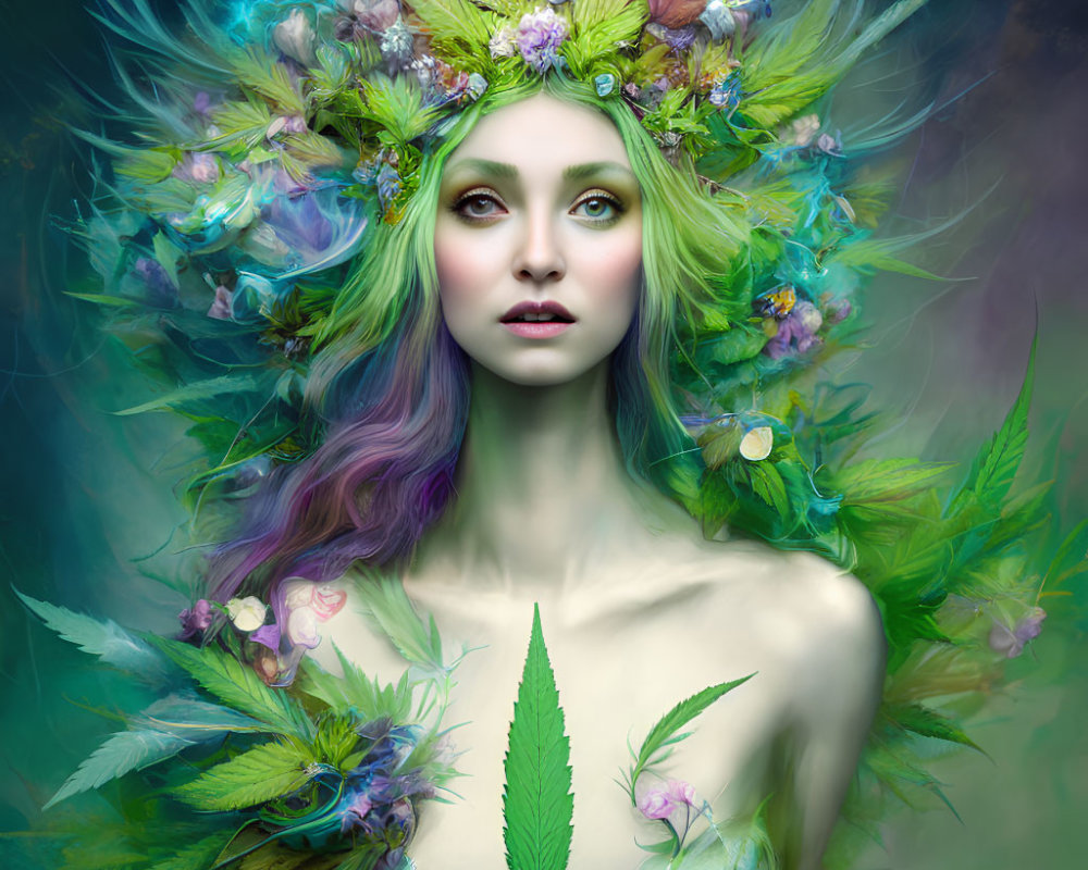 Woman's portrait with green hair and floral elements for a mystical look