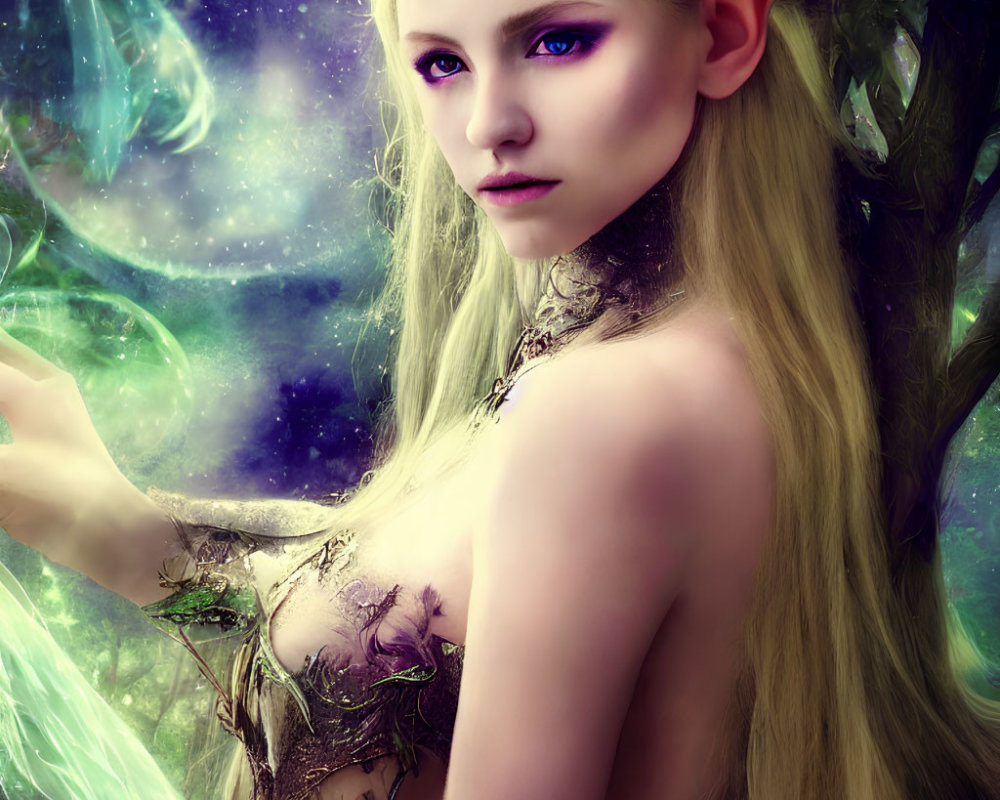 Mystical forest scene with ethereal figure and purple eyes