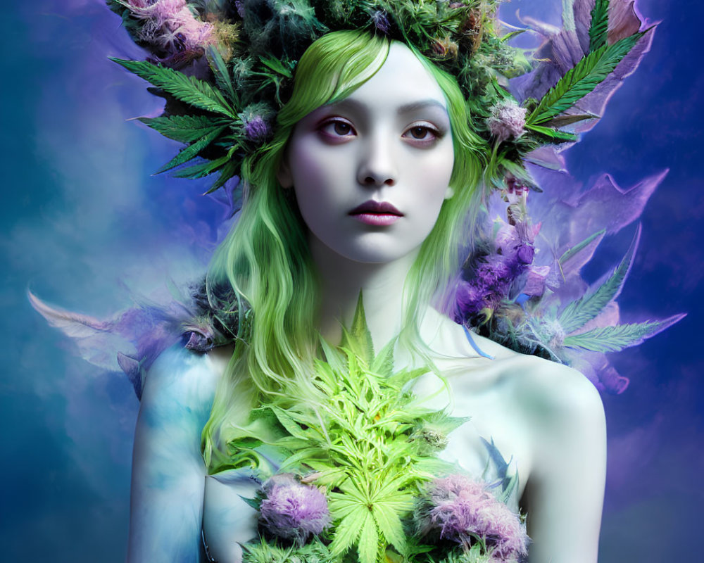 Fantasy Portrait of Person with Green Hair and Cannabis Leaves on Blue and Purple Background