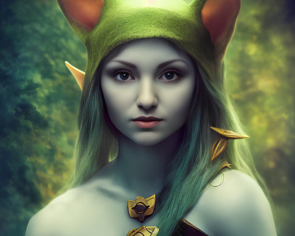 Elf-like woman in green hat with pointed ears and golden shoulder armor