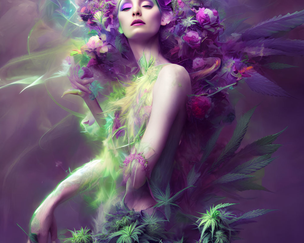 Surreal portrait of woman with purple hues and vibrant flowers, ethereal green lights.