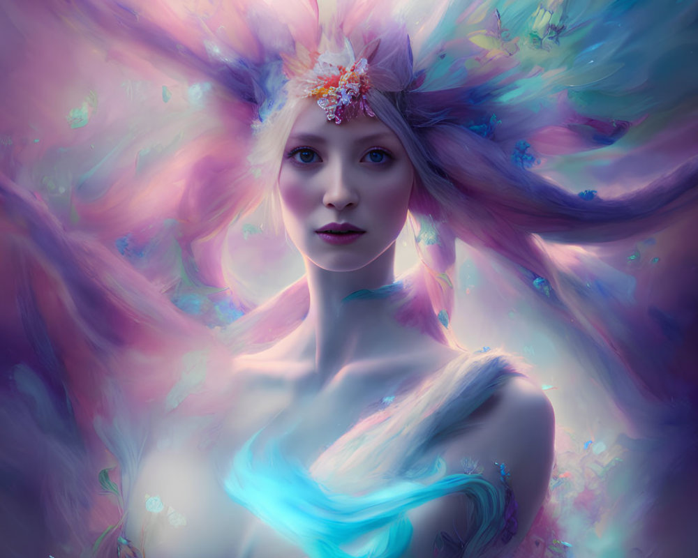 Colorful surreal portrait of a woman with glowing flowers on pastel backdrop