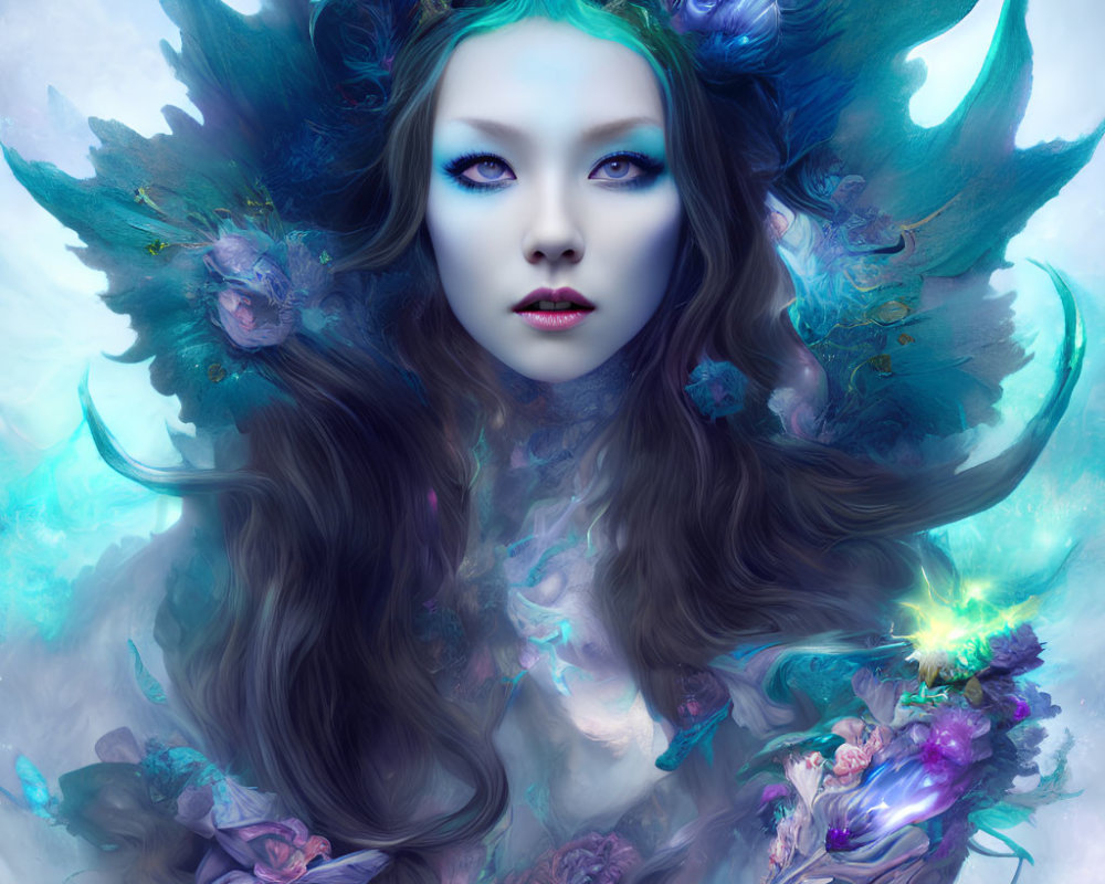 Ethereal woman with blue eyes in vibrant, glowing nature setting