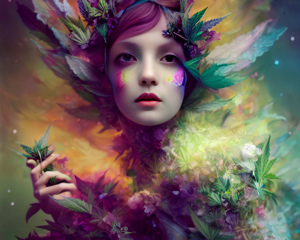 Surreal portrait of person with purple-tinted skin and feathers against colorful background