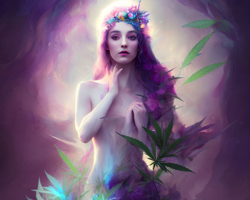 Mystical woman portrait with floral crown and cannabis leaves in soft purple glow