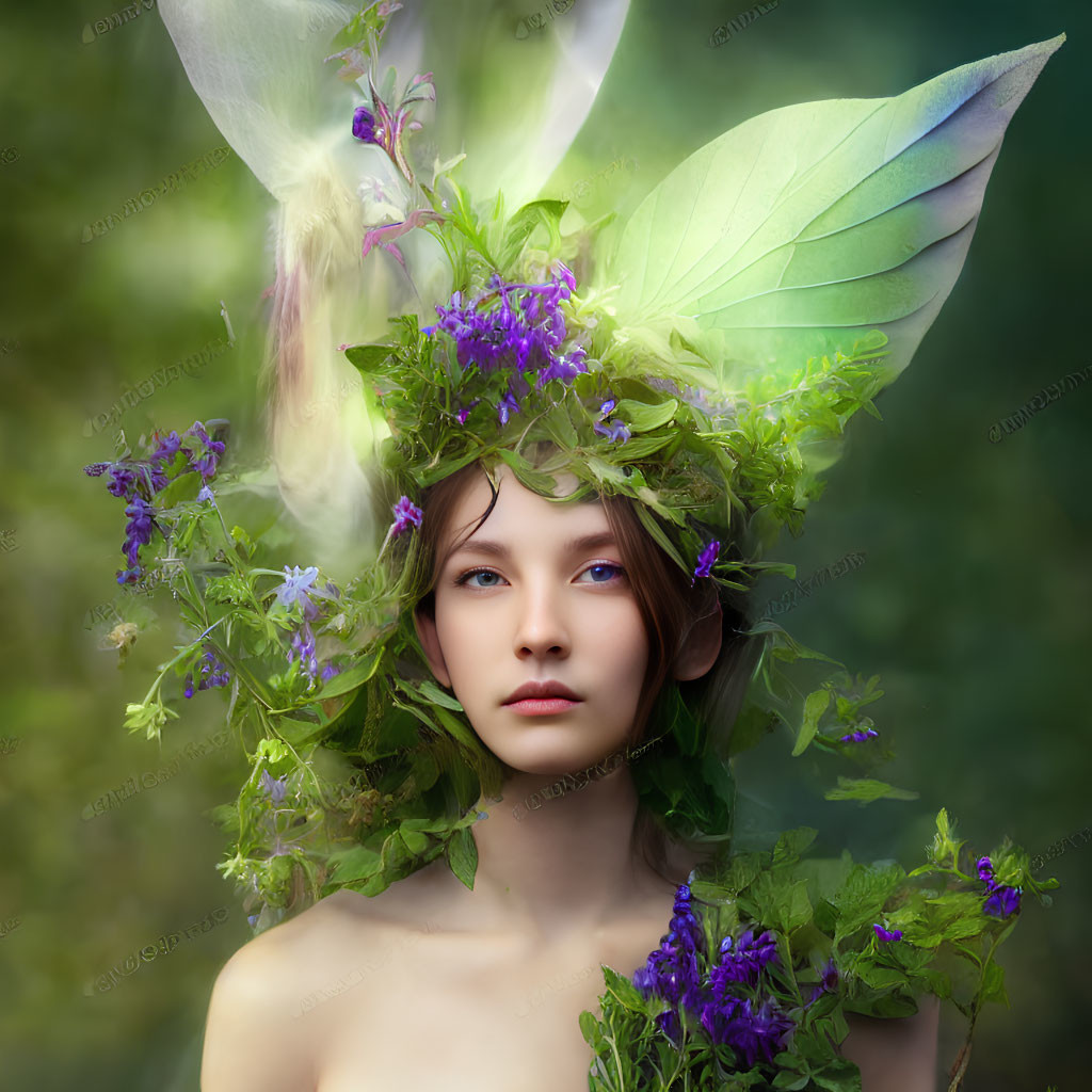 Fantasy-themed portrait with green leaves and purple flowers in hair