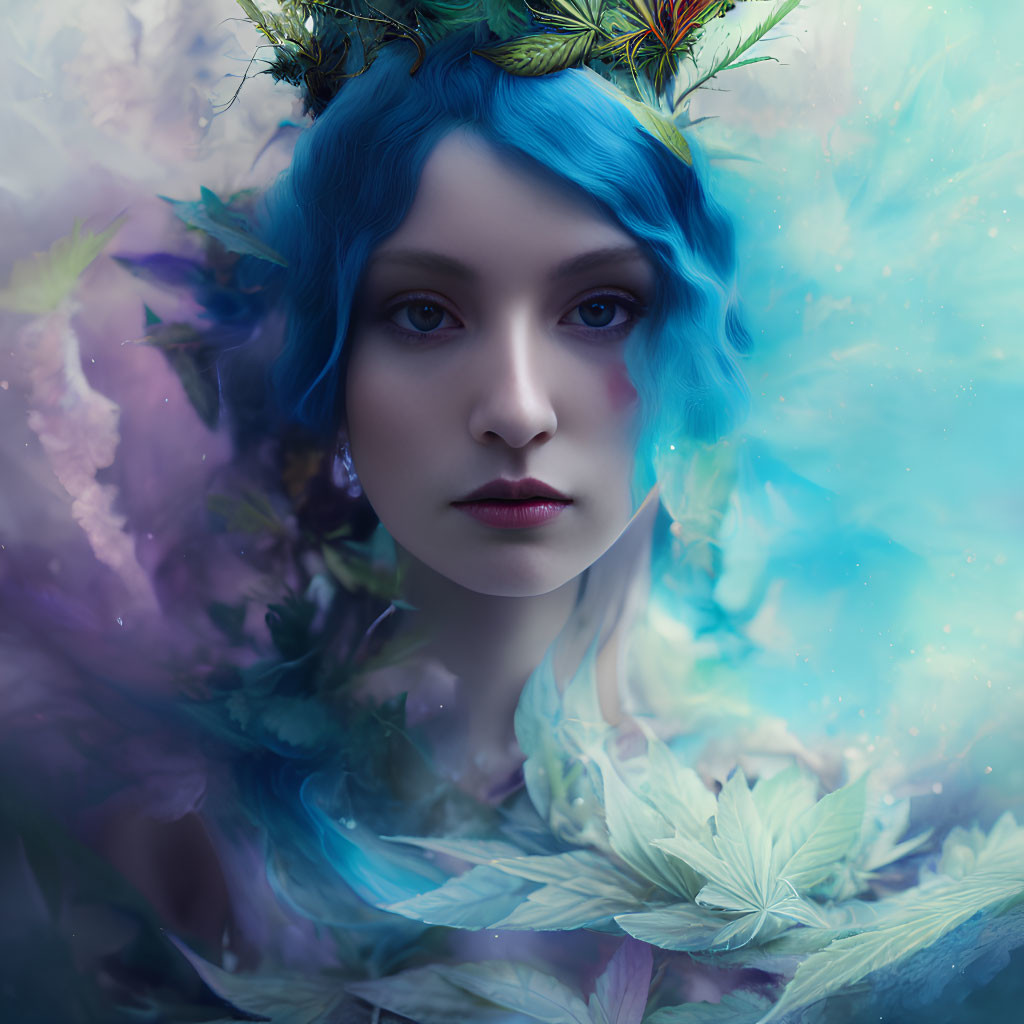 Portrait of a woman with blue hair and greenery on a mystical background