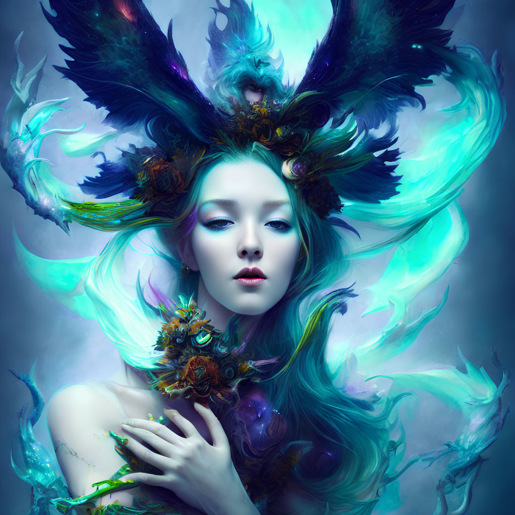 Mystical female figure with teal and purple plumage against cool backdrop