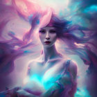 Colorful surreal portrait of a woman with glowing flowers on pastel backdrop