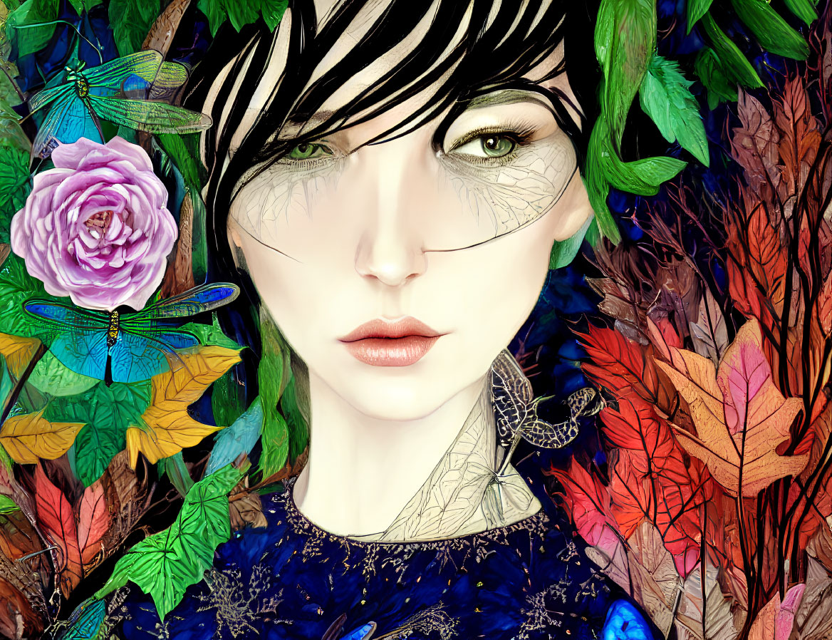 Digital artwork featuring woman with green eyes in nature theme