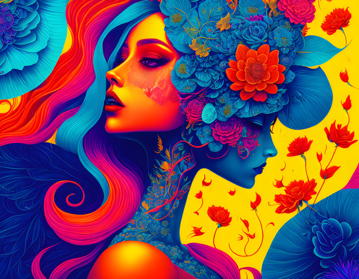 Colorful digital artwork featuring two stylized women with floral motifs against a vibrant background