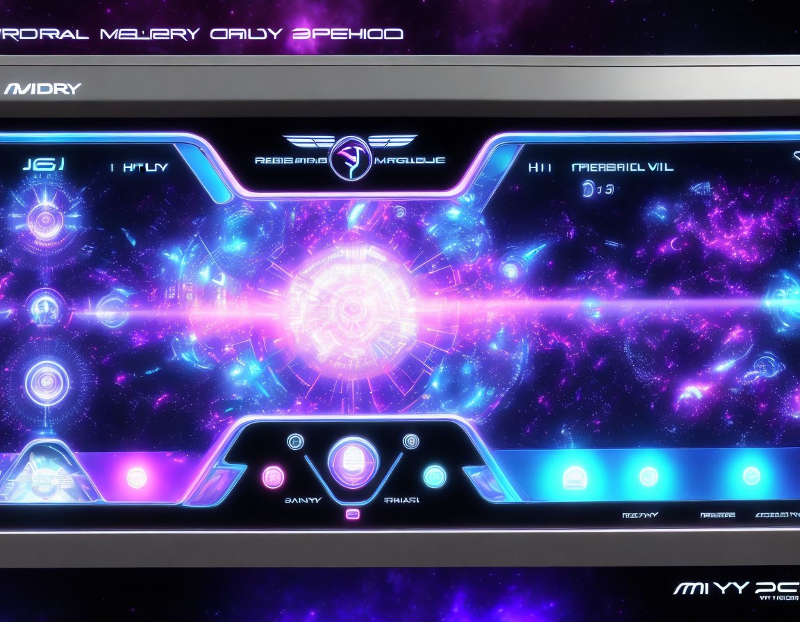 Glowing elements on futuristic computer interface with cosmic background