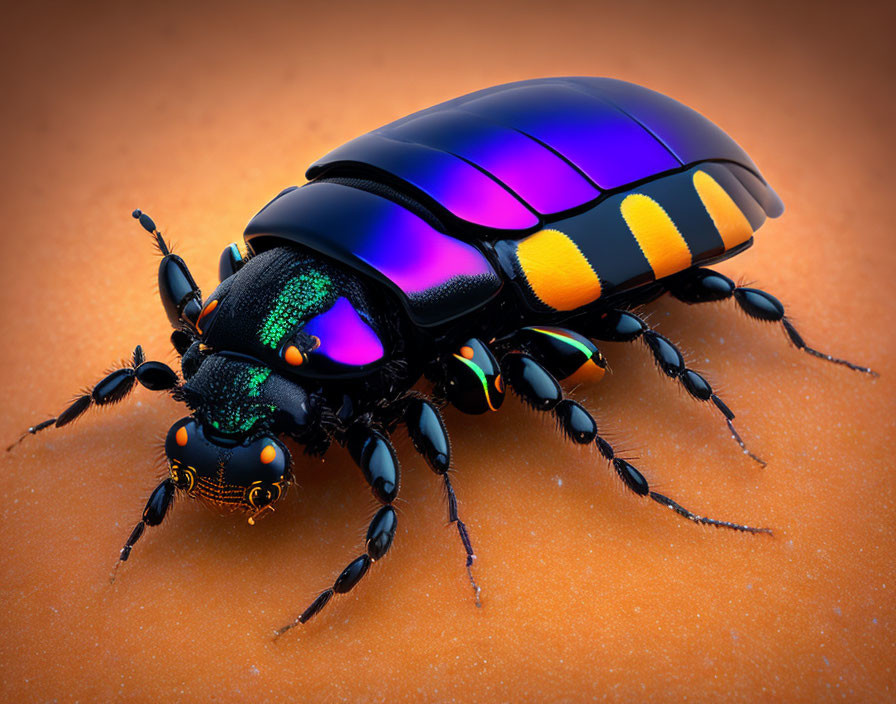 Colorful Iridescent Beetle with Orange and Black Markings on Sand