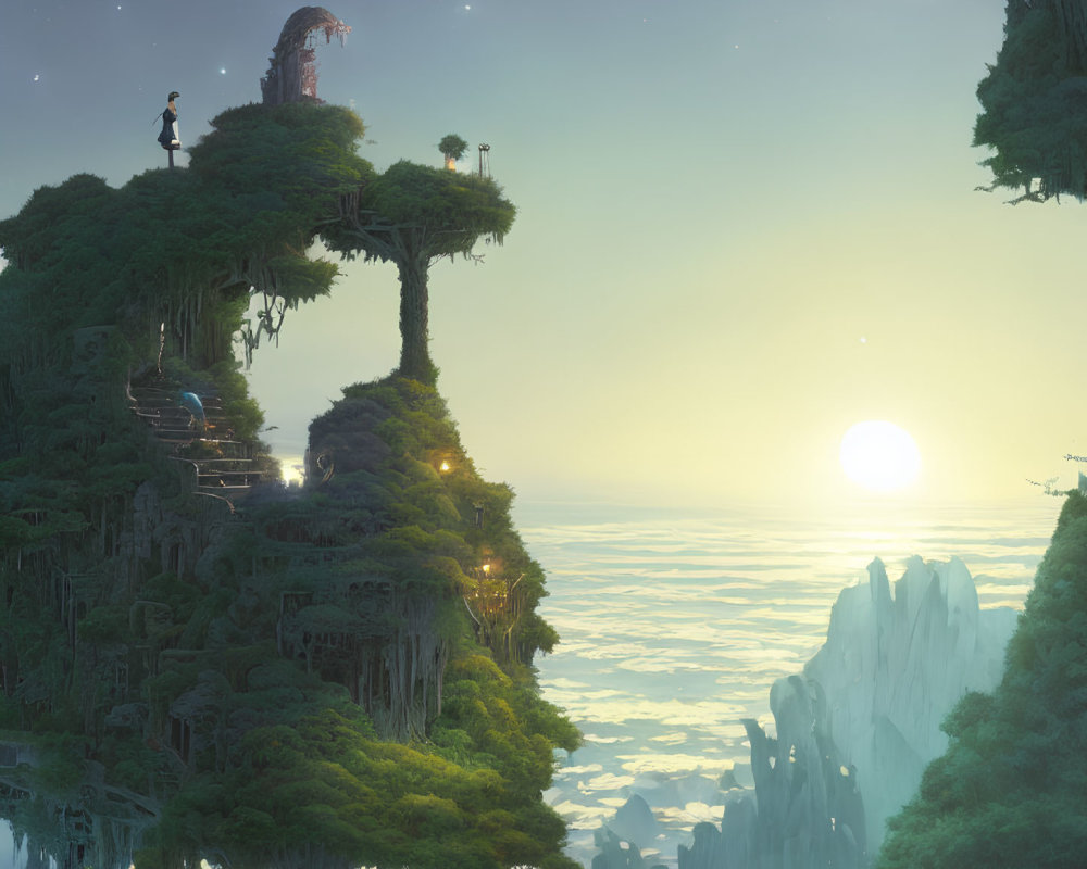 Fantasy landscape with tree islands above clouds at sunrise, figure gazing into distance