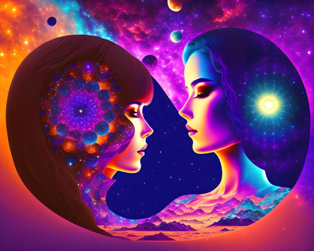 Stylized female faces in profile against cosmic backdrop with galaxies, stars, planets, and landscape.